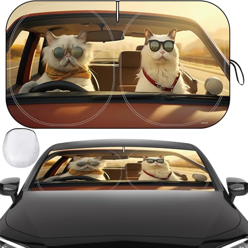 Windshield Sun Shade, Car Sun Shade Windshield, Reflector Sunshade Offers Ultimate Protection for Car Interior, Reflective Polyester Blocks Heat for Sedans, Mini SUVs, Hatchbacks - 57 x 31.5 inches - color: Cat - Driving, 57''x31.5''