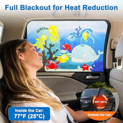 Linkstyle 2PCS Car Window Shade: Magnetic Kids Sun Shade for Steel Doors, Blackout UV Protection Heat Blocking, Cartoon Amusement Park Car Side Window Covers for Baby Privacy