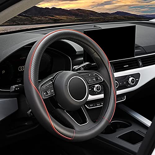 YHONGJT Soft Microfiber Leather Anti-Slip Car Steering Wheel Cover, Universal 15 Inch, Fit Vehicles, Sedans, SUVS, Vans, Trucks - Black with Red Line - color: E-Black with Red Line