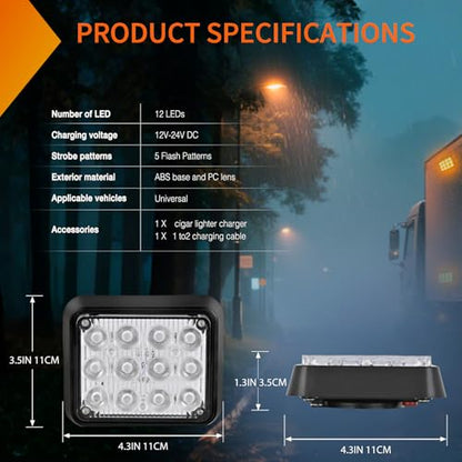 Nilight 12LED Magnetic Wireless Trailer Lights 2PCS Rechargeable Portable Hazard Beacon Warning Light Amber and White Emergency Strobe Light for Trucks Trailers Vehicles Cars Bus Surface Mount - color: 12LED Amber