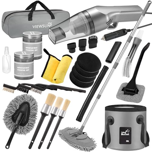 Viewsun 21Pcs Car Cleaning Kit with High Power Handheld Vacuum, Car Wash Mop with Long Handle, Bucket, Detailing Brush Set, Windshield Cleaner, Complete Interior Exterior Washing Supply for Men Women - color: Grey, size: 21Pcs