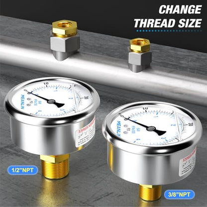 MEANLIN MEASURE 0~60Psi Stainless Steel 1/4" NPT 2.5" FACE DIAL Liquid Filled Pressure Gauge, Pool Sand Filter Pressure Test Center Back Mount, with 1/2" NPT and 3/8" NPT Hex Bushing - size: 0-60Psi