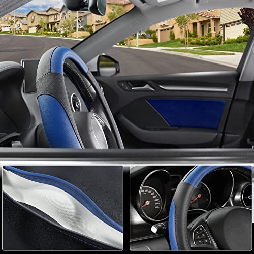 SEG Direct Car Steering Wheel Cover for Prius Civic Model 3 Model Y Camaro, Small Size 14-14.25 inch, Black and Blue Microfiber Leather - color: Black and Blue, size: Small size[14''-14 1/4'']