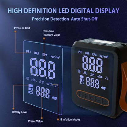 Tire Inflator Portable Air Compressor, 150PSI Dual-Cylinder, 12V DC and Cordless Air Pump, 3X Fast Inflation, with Digital Pressure Gauge, LED Light and Auto Shut-Off, for Car, Motorcycle, Bicycle
