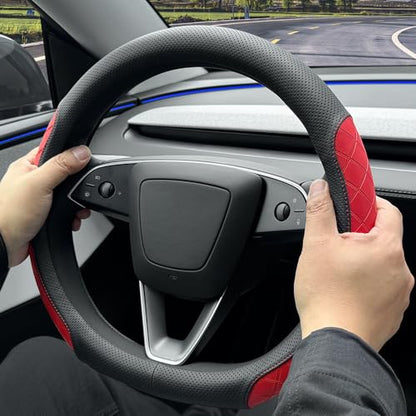LKWLIKEI Leather Steering Wheel Cover. Elegant Diamond Checkered Design, Non-Slip and Breathable, for Tesla Model 3/Y Steering Wheel Protector,Black Red - color: Black Red