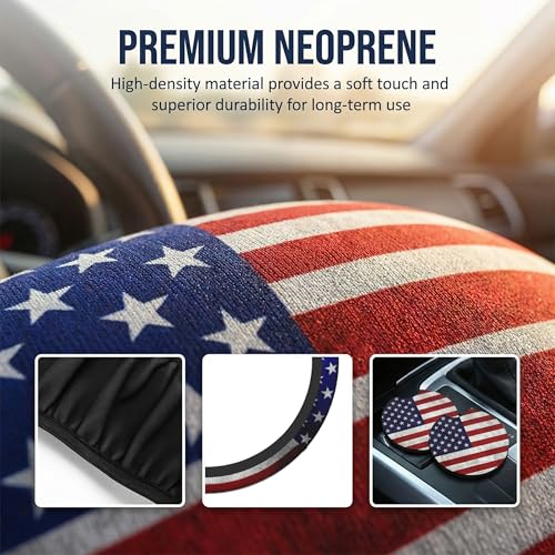 American Flag Steering Wheel Cover - Independence Day American USA Flag Steering Wheel Cover for Men Anti-Slip Breathable Universal for 14-15 Inch Car with 2 Pieces Car Coasters - color: American Flag-1