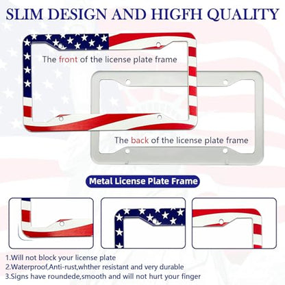 American Flag License Plate Frame Holder - 2 Pack Universal Aluminum US Flag Patriotic Car License Plate Frame with Screws Fasteners Caps, 4 Metal Car Valve Caps - color: American flag