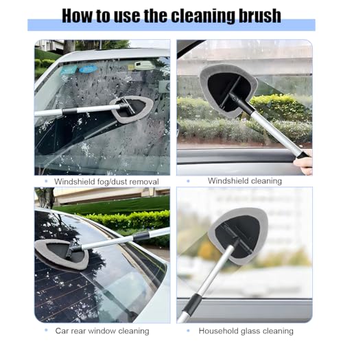 Car Windshield Cleaner Tool, Vehicle Window Detailing Cleaning Kit with Extendable Handle & 4 Washable Microfiber Pad, Auto Glass Wiper Cleaner for Exterior & Interior, Universal Fit (Gray) - color: Gray