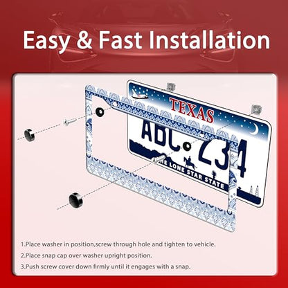 Blue White Boho License Plate Frame Mandala License Plate Holders Funny Stainless Steel Auto Accessory 2 Hole with Screws Universal Us Car License Plate Frames 6.3x12.3 Inch - color: Blue White Boho Mandala