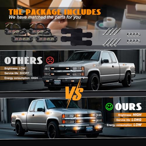 4PCS LED Emergency Strobe Lights 4 LED Amber White Surface Mount Flashing Lights Emergency Strobe Grille Beacon Hazard Warning Lights for Trucks Car Vehicles Trailer ATV RV SUV Tow 12V-24V - color: Amber/White