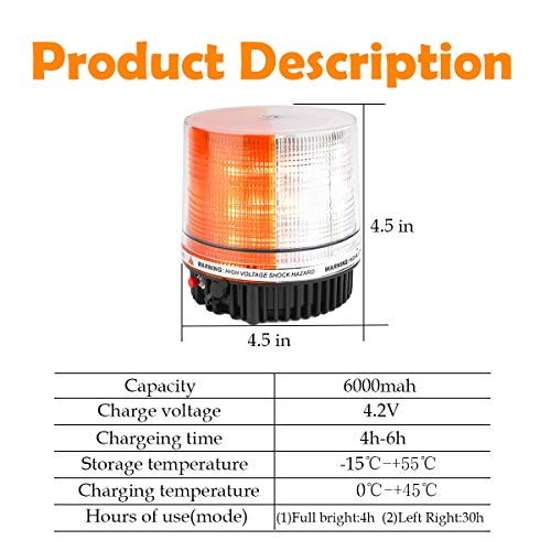 Amber/White Wireless Rotating Beacon Orange Battery Led Strobe Warning Light Roof Top Plow Hazard Flash Emergency Lights 12V with Magnetic Base Mount and Rechargeable Plug(Yellow/White, 18 LED) - color: Amber/White