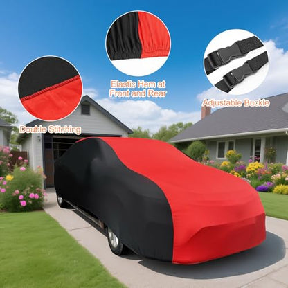 Indoor Car Cover, Stretch Satin Soft Dust Protection, Universal Fit for 189-205 Inch Sedans, Breathable Full Car Cover for Garage, Car Show, Windproof with Storage Bag, Red & Black - size: XXL (FIT 200*70*47inches)