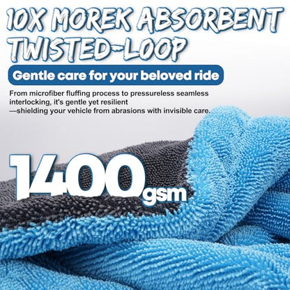 Metyond 48”x24” Car Drying Towel for Full-Sized SUV, Dual Sided Microfiber Car Cleaning Towel with Twisting Yarn Technique, 1400GSM Super Absorbent Scratch-Free, Machine Washable (Dark Gray - Blue)