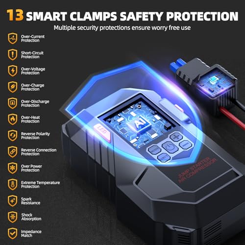 10-in-1 Portable Car Battery Jump Starter with Air Compressor, Jump Starter 6000A 26800mAh 160PSI (All Gas/12L Diesel), 12V Jump Box Car Battery Jumper Starter Portable Jumper Cables, Lights - color: Grey-black