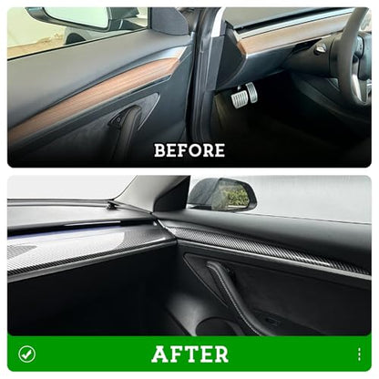 Dashboard & Door Trim Cover Wrap for Tesla Model Y 2019-2024, Model 3 2021-2023 -Gloss Carbon Fiber Pattern ABS 4PCS Interior Armrest Panel Protection Kit, Adhesive Style Upgrade - color: Gloss Carbon Fiber