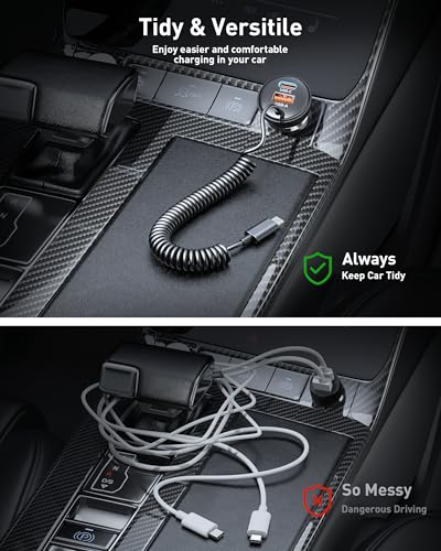 iPhone 17e 17 16 15 Pro Max Car Charger Fast Charging, 3-Port 90W Fast USB C Car Charger Adapter Cigarette Lighter with 4FT Coiled USB C Cable for iPhone 17e/17/17 Pro Max/Air/16/15 Pro/Plus, iPad