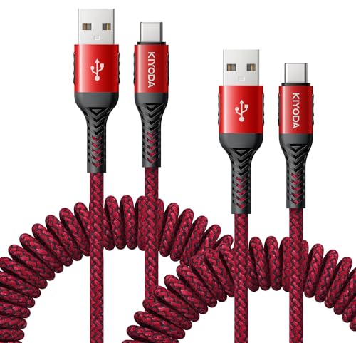 USB A to USB C Cable 3FT, 2Pack Coiled USB C Cable for Car Braided USB to USB C Cable USBC Fast Charging Cord Compatible with iPhone 17 16 15/iPad/Samsung Galaxy/Google Pixel and More USB C Device-Red - color: Red, size: 3FT - 2Pack, style: USB A to USB C