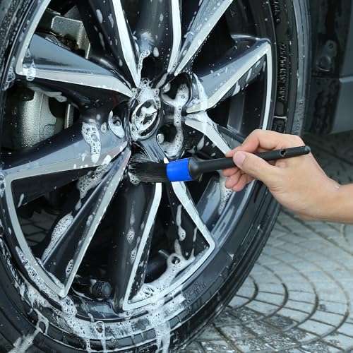 TAKAVU Wheel Tire Brush - Stiff Bristle with Short Handle, Included Detailing Brush - Car Cleaning Kit for Rims, Tires, Interior Vents, Emblems - Scratch Safe (Blue) - color: Blue