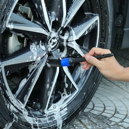 TAKAVU Wheel Tire Brush - Stiff Bristle with Short Handle, Included Detailing Brush - Car Cleaning Kit for Rims, Tires, Interior Vents, Emblems - Scratch Safe (Blue) - color: Blue