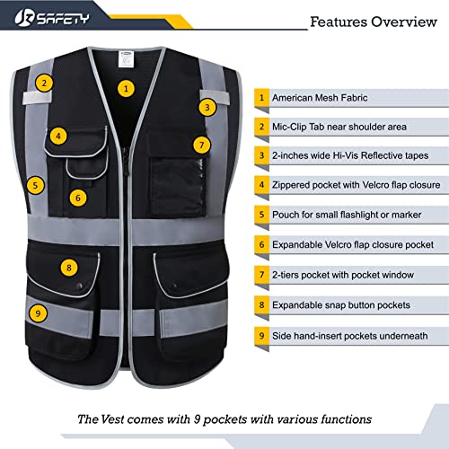 JKSafety 9 Pockets High Visibility Safety Vest for Men and Women, Hi-Vis Reflective Black Safety Vests with Zipper Front, Meet ANSI/ISEA Standards(159-Black M) - color: Jk159-black, size: Medium