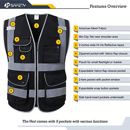 JKSafety 9 Pockets High Visibility Safety Vest for Men and Women, Hi-Vis Reflective Black Safety Vests with Zipper Front, Meet ANSI/ISEA Standards(159-Black M) - color: Jk159-black, size: Medium