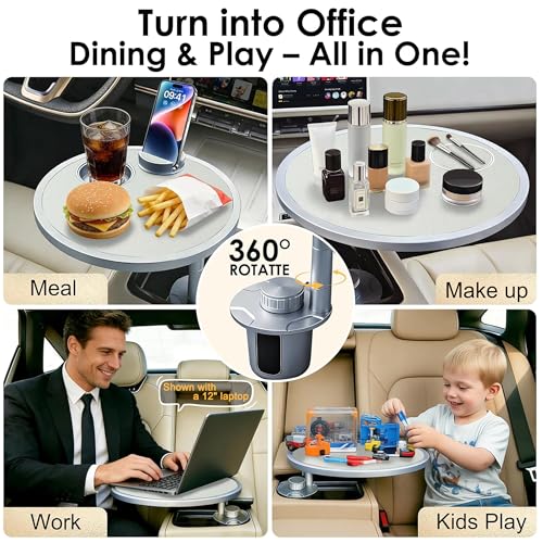 Car Food Tray & Car Table Tray with Car-Grade Aluminum Cup Holder & Phone Stand, Premium Wood with Leather Surface, 360° Rotating Car Desk for Laptop &Eating (Round, White) - color: 𝗥𝗼𝘂𝗻𝗱 · White