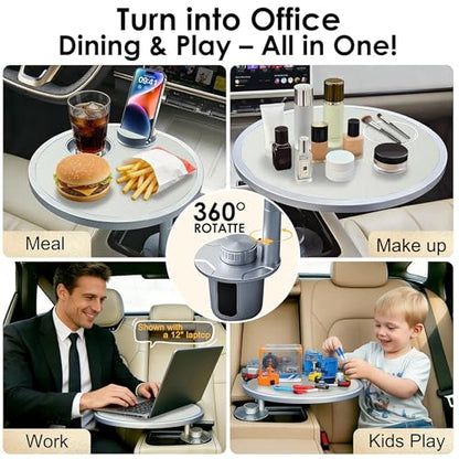 Car Food Tray & Car Table Tray with Car-Grade Aluminum Cup Holder & Phone Stand, Premium Wood with Leather Surface, 360° Rotating Car Desk for Laptop &Eating (Round, White) - color: 𝗥𝗼𝘂𝗻𝗱 · White