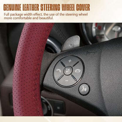 Leather Steering Wheel Cover, Lace Up, 15 inch, Wine Red, Universal Car Steering Wheel Protector - color: Wine red, size: 15 inch - Hole