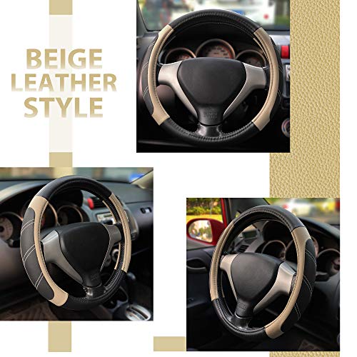 Elantrip Steering Wheel Cover Leather 15 1/2 to 16 inch Universal Large Soft Grip Breathable for Car Truck SUV Jeep Anti Slip Beige - color: Black and Beige, size: 15 1/2 - 16 Inch