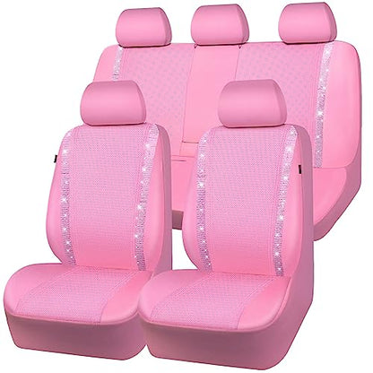 CAR PASS Bling Diamond Car Seat Covers Full Set, Shining Rhinestone Waterproof Faux Leather, Rear with Zipper, Universal Fit Automotive Glitter Crystal Sparkle Strips for Cute Women Girl, Pink - color: Pink Leather, size: Full Set