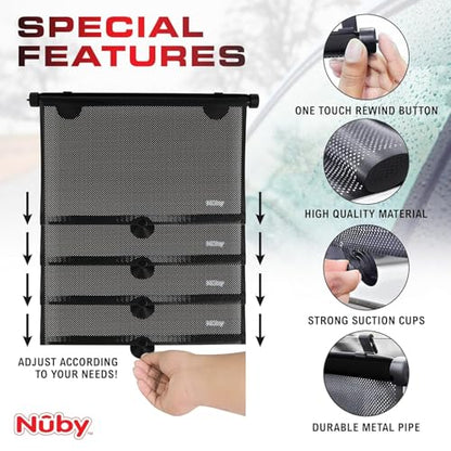 Nuby 14" Roller Vehicle Side Window Sun Protection Shade for Baby | 2 Pack | Pull Down with Suction Cups and Press Button Roll Up | Black - style: Roll Down
