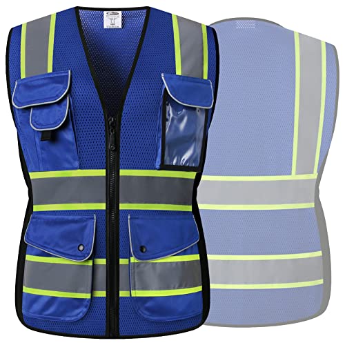 JKSafety Women Hi-Vis Reflective Safety Vest | Neon Color body Sewed Reflective Strips Breathable Lightweight ANSI Compliant - color: V168-blue, size: Medium