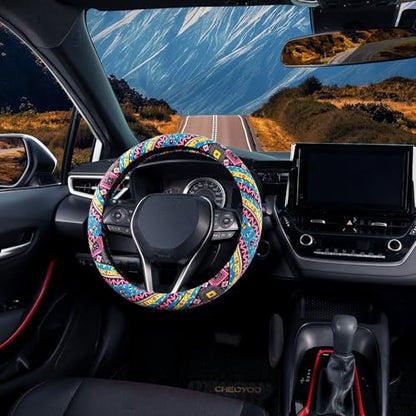 SEG Direct Steering Wheel Cover Handwoven Flax with Geometric Patterns, Anti-Slip & Breathable, Ethnic Style Steering Wheel Protector, Fits 14.5" - 15.25" Wheels - color: Neon Matrix