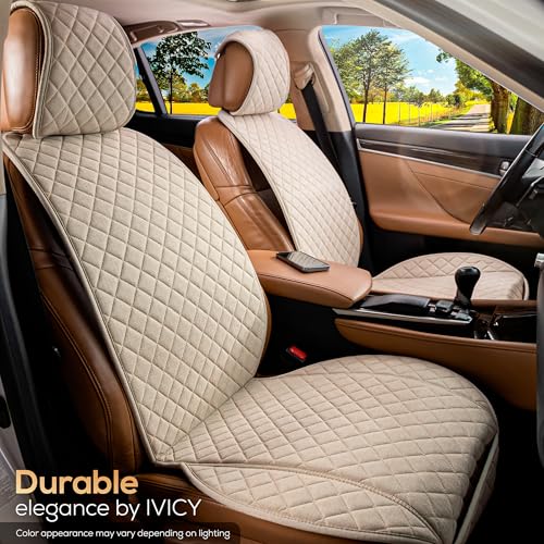 IVICY Faux Linen Front Car Seat Cover – Durable, Non-Slip Seat Protector for Cars – 1 Unit, Light Beige - color: BEIGE HYB LN