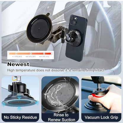 koolehaoda Magnetic Car Phone Holder for Magsafe, Vacuum Suction Cup Phone Mount for Windshield Dashboard, 360° Adjustable Metal Arm Car Phone Holder for iPhone Samsung All Smartphone & Cars Truck