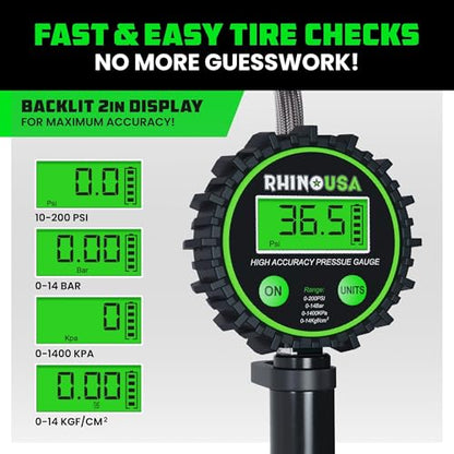 Rhino USA Digital Tire Pressure Gauge with Inflator (0-200 PSI) - Heavy Duty Air Chuck and Compressor Accessories with Stainless Braided Hose, Large 2" Dial and Solid Brass Hardware for Truck and RV - style: 200psi Digital