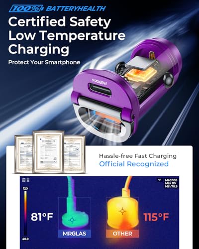 【Upgraded】 125W USB C Car Charger Super Fast Charging for iPhone 16, [PD65W & QC60W][All Metal] MRGLAS Cigarette Lighter Car Charger,Dual Port for iPhone 16 15 Pro iPad Samsung S25/S24 MacBook-Purple - color: Purple