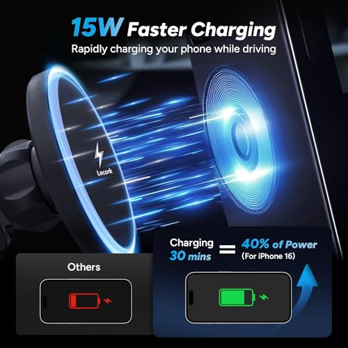 Lecork for Magsafe Car Mount, 15W Magnetic Wireless Charger for iPhone, Magsafe Air Vent Car Holder Charger for iPhone 17 Pro Max/16/15/14 13, Samsung S26/S26+/Ultra, RGB LED Design