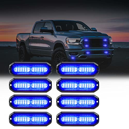 WINECO 8pcs 12 LED Surface Mount Strobe Lights, Firefighter Blue Grill Grille Emergency Warning Flashing Cop Lights Police Light Assemblies for Trucks Vehicles - color: Blue