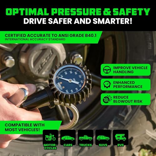 Rhino USA Tire Pressure Gauge with Inflator (0-100 PSI) - Heavy Duty Air Chuck and Compressor Accessories with Stainless Braided Hose, Large Analog Dial and Solid Brass Hardware for Truck and RV - style: 100psi Analog