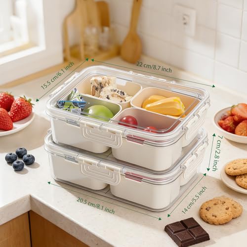 2 Pack Small Snack Box Container with Lid, 4 Compartment Snack Containers for Kids & Adults, Portable Snack Tray Organizer for School Lunch, Work, Beach,Travel & Picnic