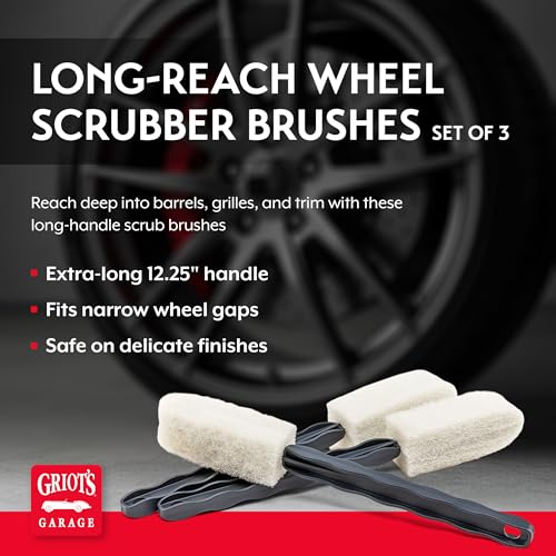 Griot's Garage Long-Reach Wheel Scrubber Brushes for Car Detailing Wheels, Tires, and Grillework, Exterior Auto Detail Products and Supplies, Set of 3, 12 1/4" Long, 15736