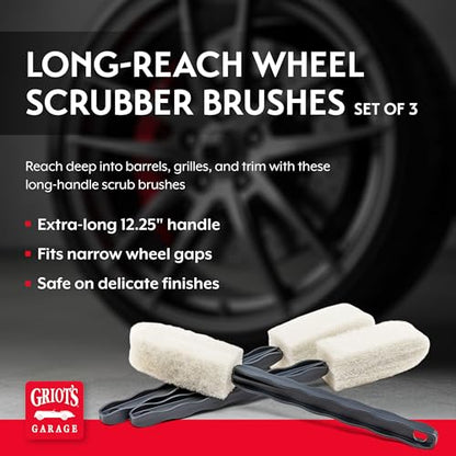 Griot's Garage Long-Reach Wheel Scrubber Brushes for Car Detailing Wheels, Tires, and Grillework, Exterior Auto Detail Products and Supplies, Set of 3, 12 1/4" Long, 15736