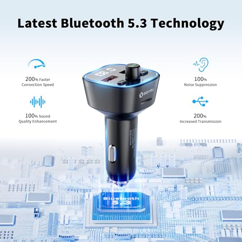 SONRU Bluetooth 5.3 FM Transmitter, Wireless Radio Adapter, Audio Receiver Car Charger, Wireless FM Radio Transmitter, Hands-Free Calling and 2 USB Ports Charger, HiFi Treble & Bass Player (Black)