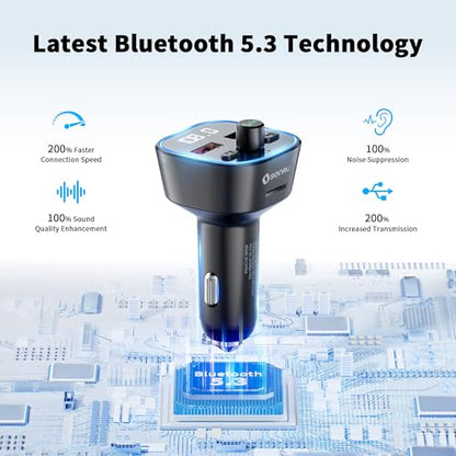 SONRU Bluetooth 5.3 FM Transmitter, Wireless Radio Adapter, Audio Receiver Car Charger, Wireless FM Radio Transmitter, Hands-Free Calling and 2 USB Ports Charger, HiFi Treble & Bass Player (Black)