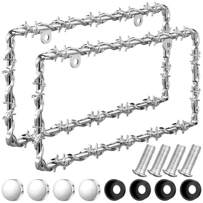 MorningRo 2 Pcs Universal License Plate Frame Plastic Barbed Wire Coconut Design Frame Compatible with Standard License Plate for USA 2 Holes with Screws for Women Men(Silver) - color: Silver