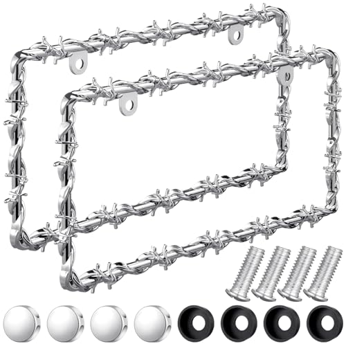 MorningRo 2 Pcs Universal License Plate Frame Plastic Barbed Wire Coconut Design Frame Compatible with Standard License Plate for USA 2 Holes with Screws for Women Men(Silver) - color: Silver