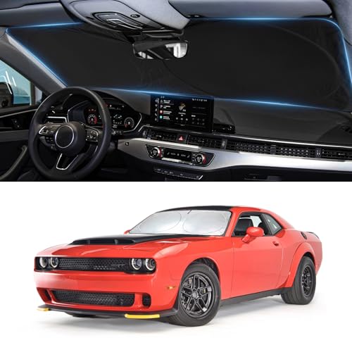 Sun Shade for Challenger Windshield Sunshade for 2015-2023 Dodge Challenger Accessories Coupe,SRT Hellcat,Redeye,GT,RT,TA Coupe,Widebody,SXT,RT Scat Pack Front Window Cover Shield Visor Protector - size: Fit Challenger 15-23