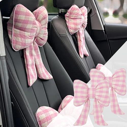 2PCS Chic Car Headrests with Bow-Shaped Cotton Linen Bowknot Neck Pillows for Cozy Road Trip & Cute Interior Decoration (Pink Plaid) - color: Pink Plaid
