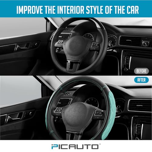 PIC AUTO Steering Wheel Cover, Mint Thick Rhombic Foam and Premium Leather, Universal 14.5-15.5 Inch Breathable Anti-Slip Steering Wheels Accessories for Men & Women - color: Mint